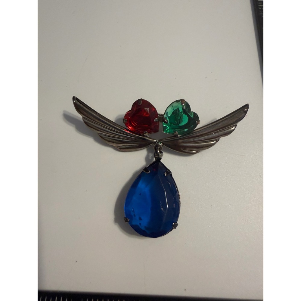 Vintage Winged Heart Brooch Red Green Blue Crystal Teardrop Dangle Pin Silver